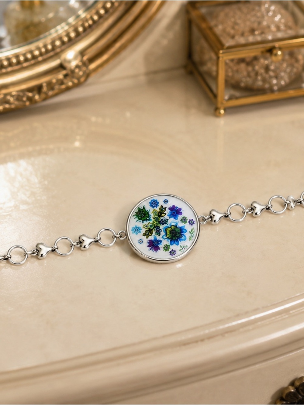 Handmade Floral Bracelet Silver Tone Heart Links Glass Cabochon Boho Jewelry